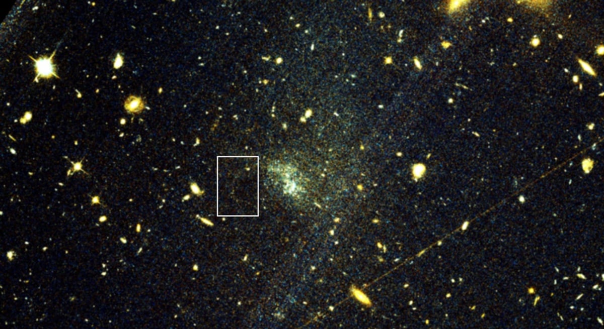 Deep Hubble Space Telescope image of the ultra-diffuse galaxy UGC 9050-Dw1: a faint, diffuse patch of blue and yellow-white stars against a dark background of distant galaxies. A thin white box marks the faint stellar stream named Oyashio. Credit: Hubble Space Telescope and Holm et al. (2026).