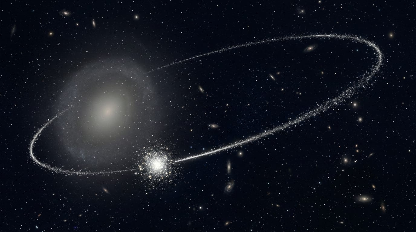 Illustration of tidal stripping: a dense spherical globular cluster of bright stars orbits a large, faint, diffuse galaxy, with a long thin trail of stars stretching out from the cluster into two curved arms, one ahead of its orbit and one behind. Credit: Impossible Universe Editorial Team (generated).