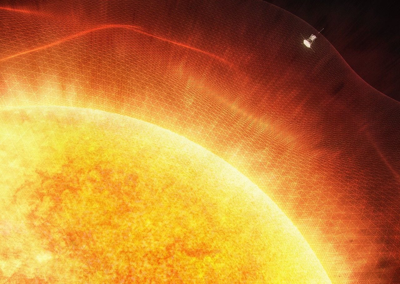 Artist illustration of the Sun with a red translucent mesh extending into space, representing the Alfven critical surface, and a small spacecraft icon having crossed it.