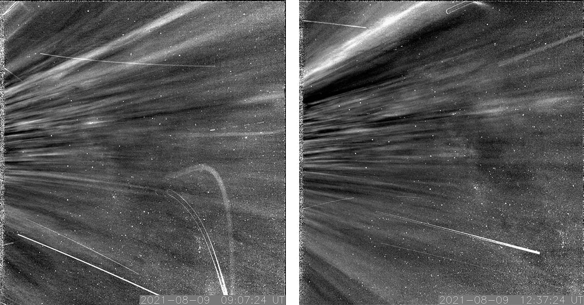 Two panels of real WISPR data showing wispy coronal streamers, bright streaking plasma structures against a dark starfield.