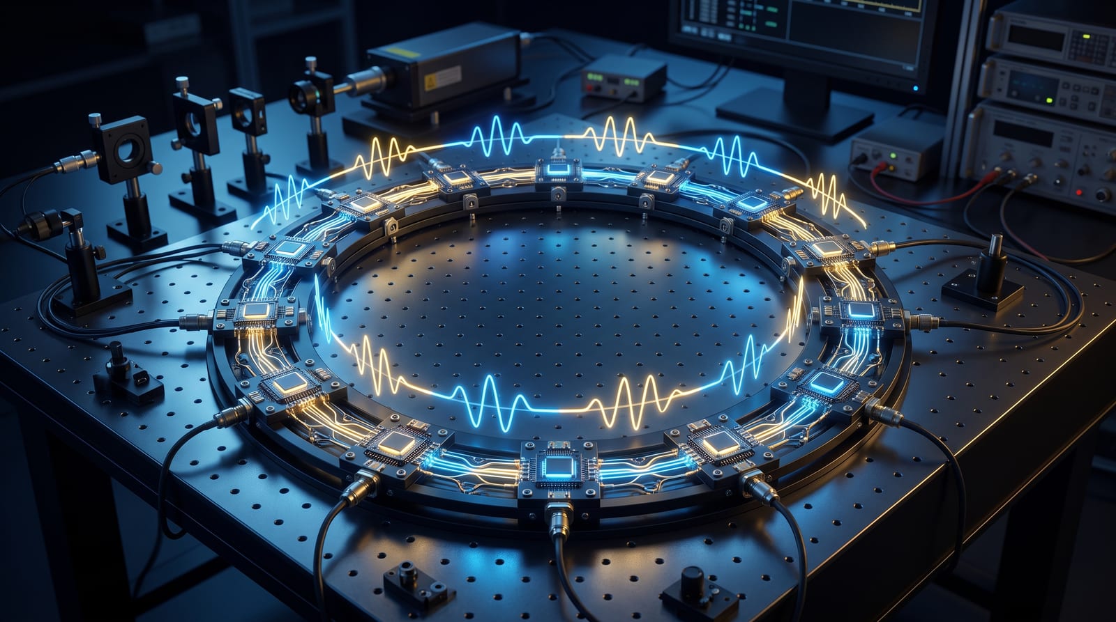 A ring-shaped array of electronic resonators on an optical table, representing the synthetic rotation device that mimics the frame-dragging effect of a spinning black hole's ergosphere.