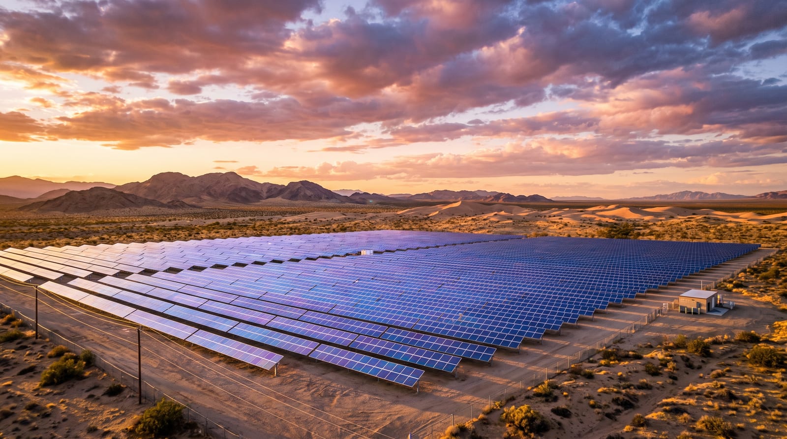 A wide-angle photograph of modern solar panels in a desert landscape under bright sunlight, with a subtle blue-violet iridescence suggesting advanced perovskite-silicon tandem photovoltaic technology. Generated illustration for Impossible Universe.