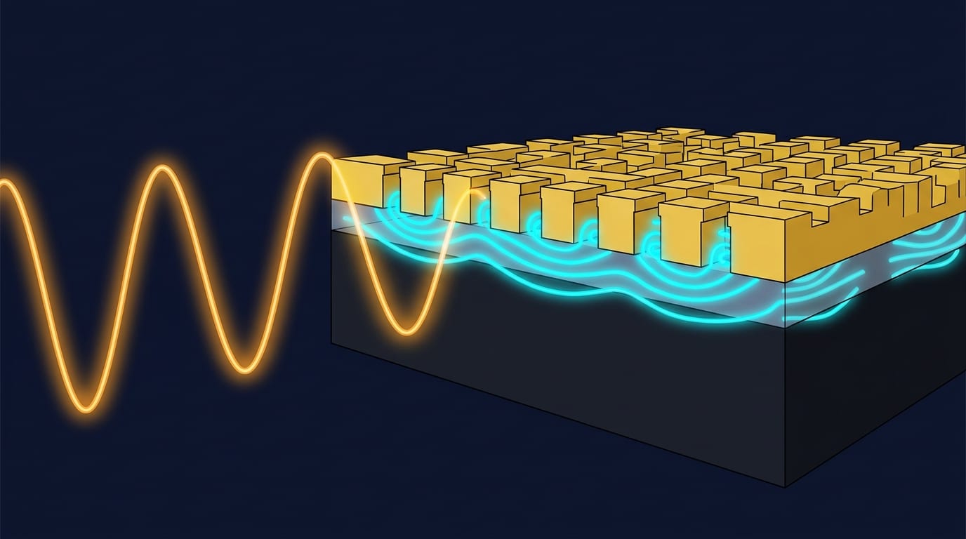 Cutaway concept illustration of the plasmonic metamaterial: gold battlement-shaped microstructures above a thin insulating layer and a dark semiconductor substrate, with a glowing terahertz wave entering from the left and cyan surface plasmon oscillations at the interfaces.