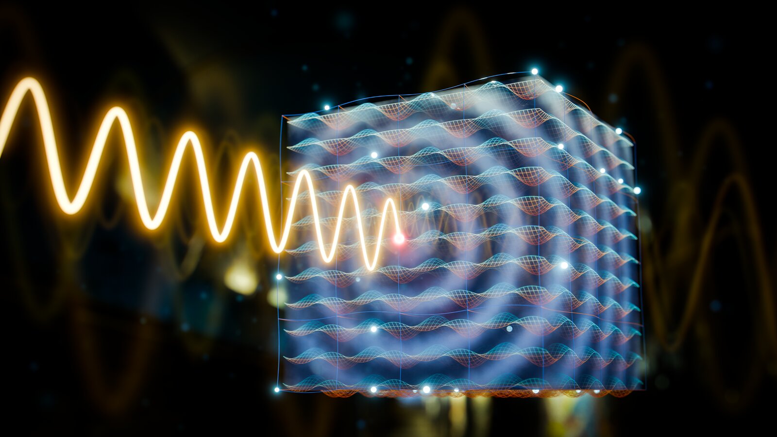 Concept illustration of a photonic time crystal: a glowing amber terahertz wave enters a translucent lattice of blue and orange oscillating energy, with bright nodes pulsing in a repeating rhythm in time. The material optical properties flip on and off at terahertz speeds. Illustration: B. Schröder / HZDR.