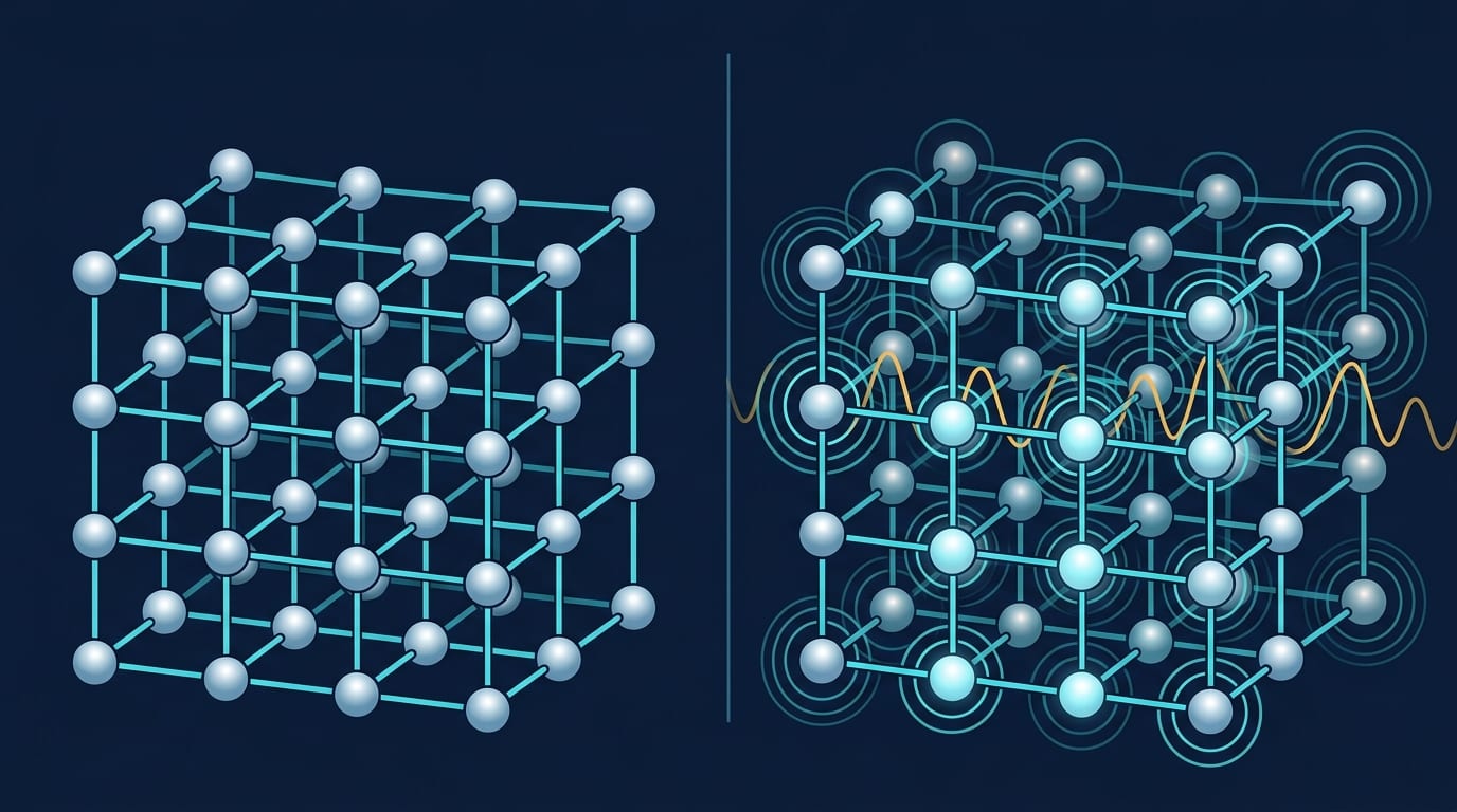 Two-panel diagram comparing a spatial crystal, a static repeating grid of atoms, with a time crystal, the same lattice crossed by rippling energy waves that repeat periodically in time.