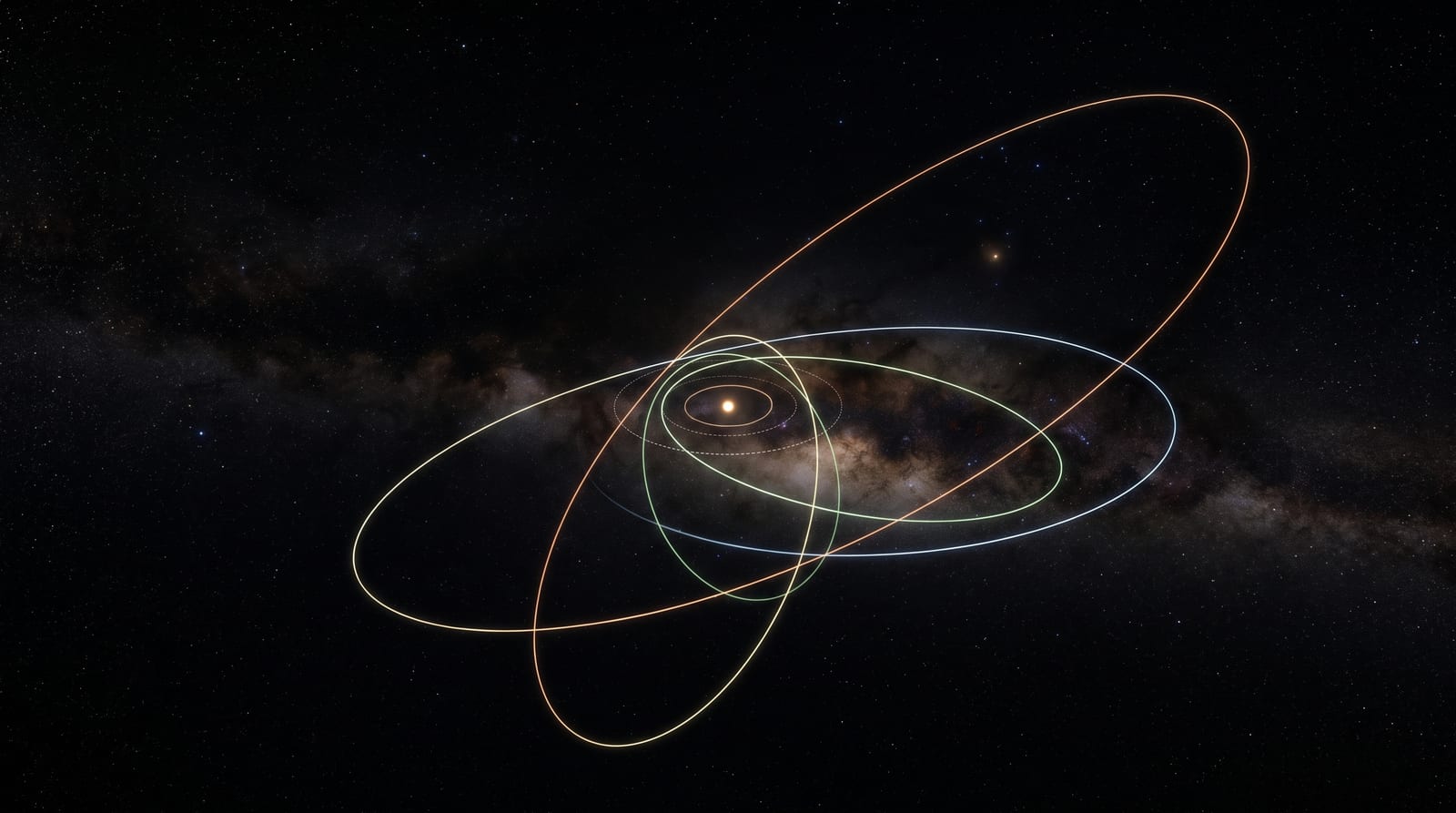 The orbits of four sednoids shown as glowing elliptical paths around a small distant yellow Sun, with a faint Milky Way band across the dark space background. The orbits of Sedna, 2012 VP113, 2015 TG387 (The Goblin), and 2023 KQ14 (Ammonite) angle in different directions across the vast outer solar system. Generated illustration for Impossible Universe.