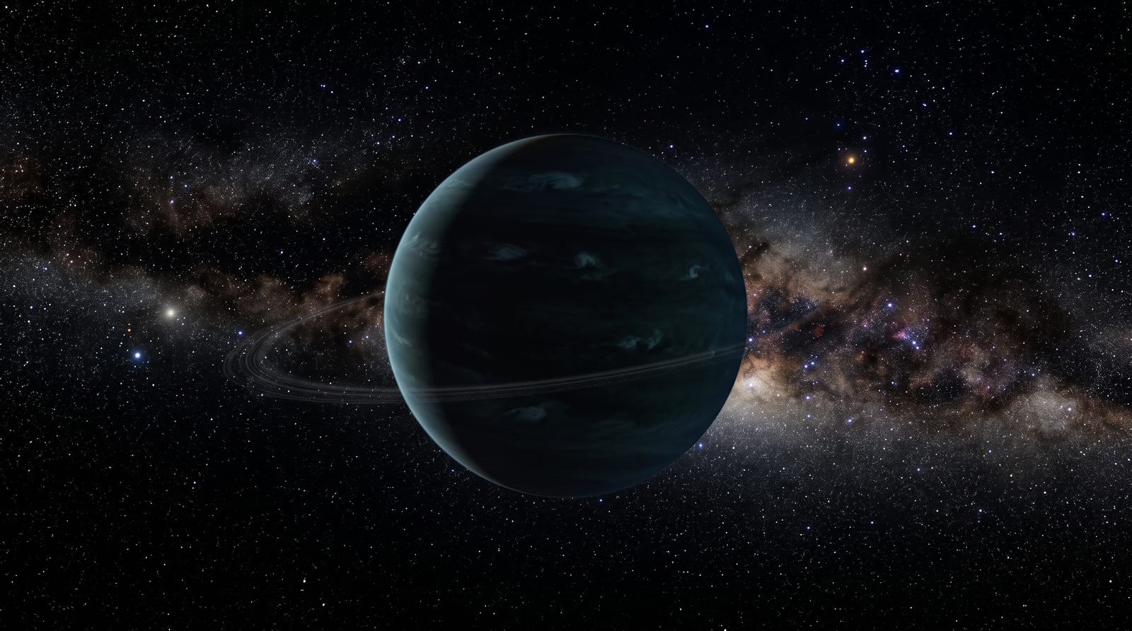 A large dark blue-green planet resembling Neptune floats against a background of thousands of stars and the Milky Way band, conveying the isolation of a hypothetical Planet Nine at the edge of the solar system.