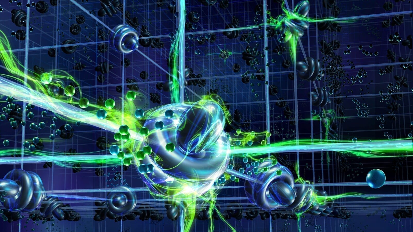 Illustration of quantum states in a strange metal: a deep blue crystal lattice receding into the distance with a glowing central node and neon green and cyan energy beams threading through the structure. Illustration: Harald Ritsch / TU Wien.