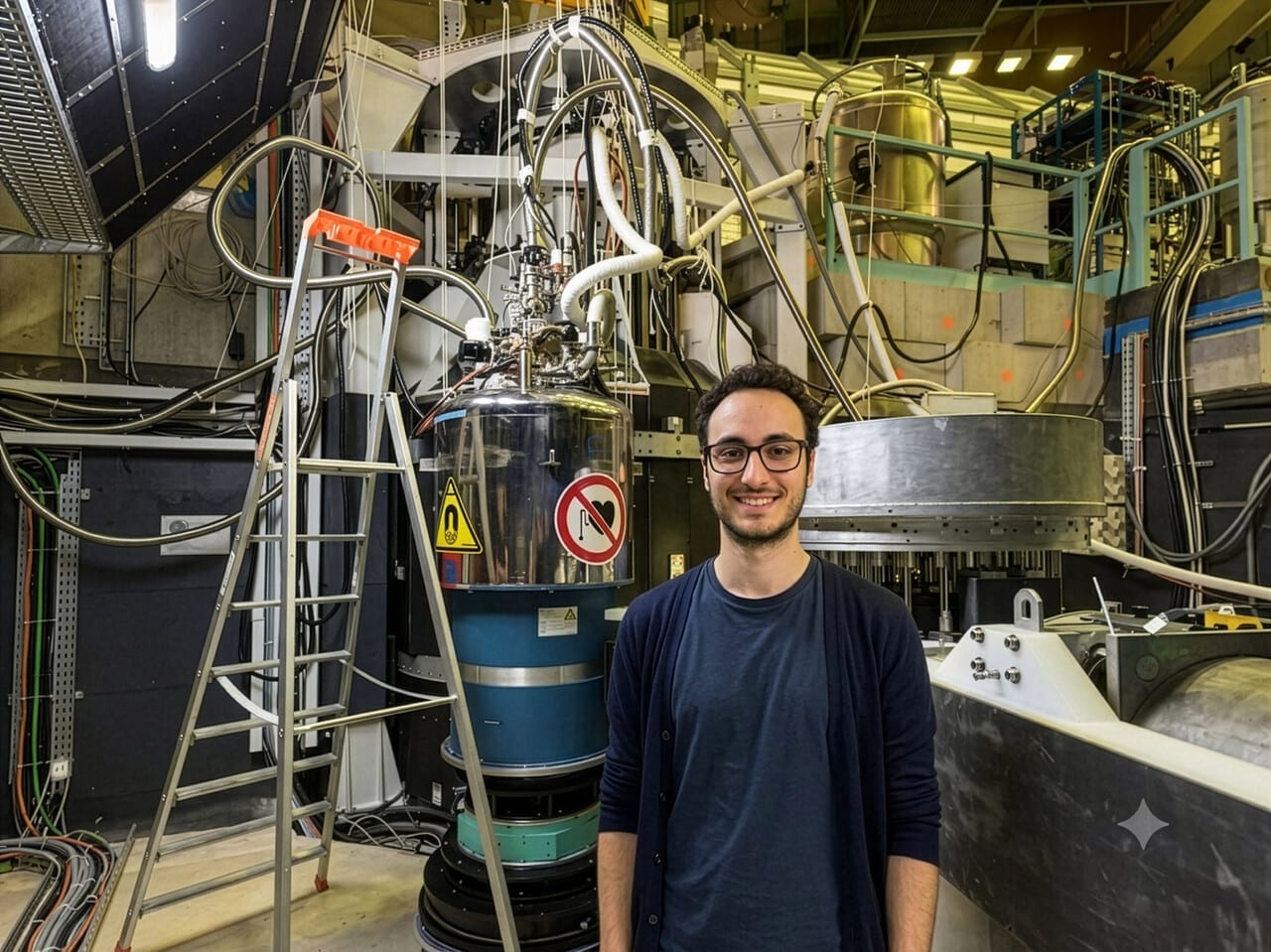 Federico Mazza, a PhD student at TU Wien, standing in front of the ThALES neutron spectrometer at the Institut Laue-Langevin in Grenoble, France, surrounded by its cylindrical tanks, cables, and cooling lines.