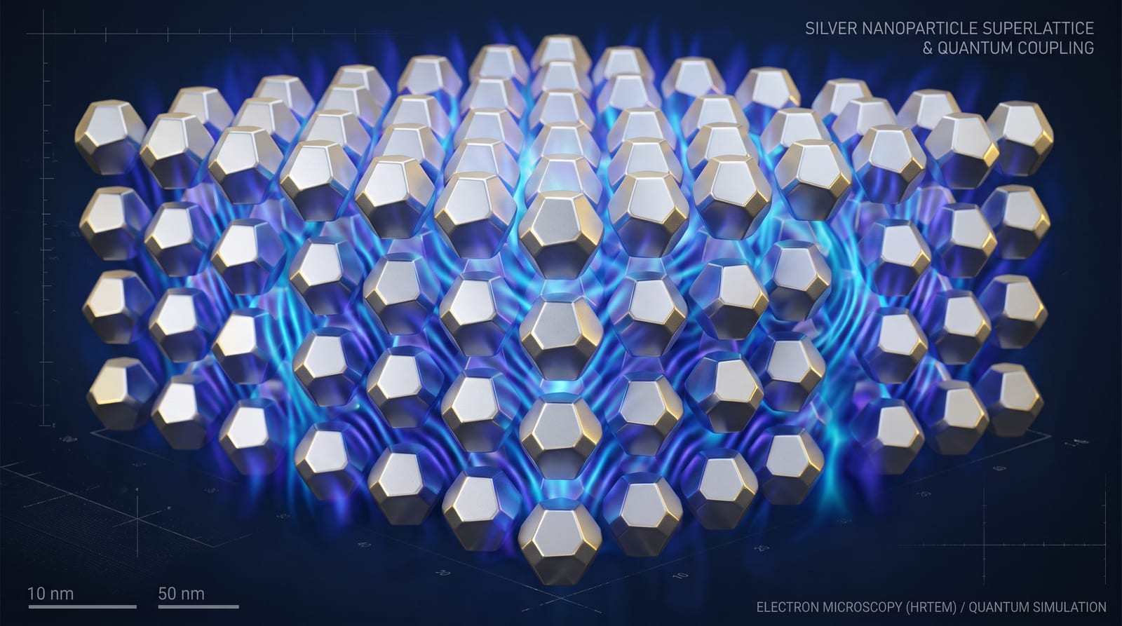 Artist illustration of silver nanoparticles shaped as truncated octahedra self-assembling into an ordered superlattice with quantum light-matter coupling visualized in blue. Credit: Generated illustration for Impossible Universe.