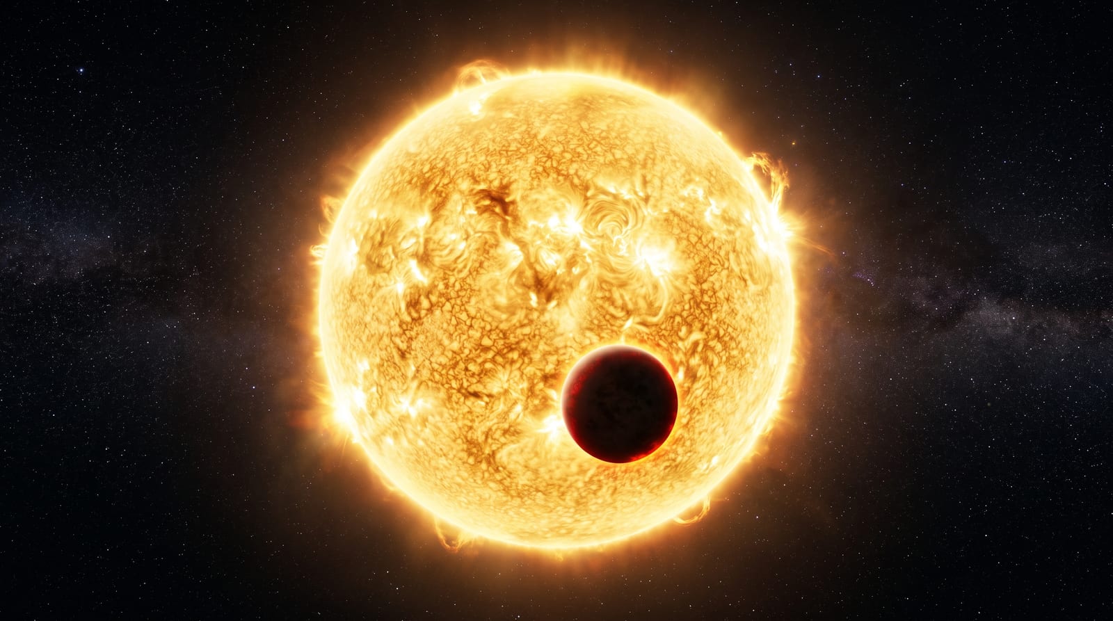 An ultra-short-period exoplanet transits its host star, shown as a dark silhouette crossing the bright yellow-white stellar surface. The planet dayside glows with thin red-hot atmosphere. A few distant stars in the black space background. The scale shows the extreme proximity of the planet to its star. Generated illustration for Impossible Universe.