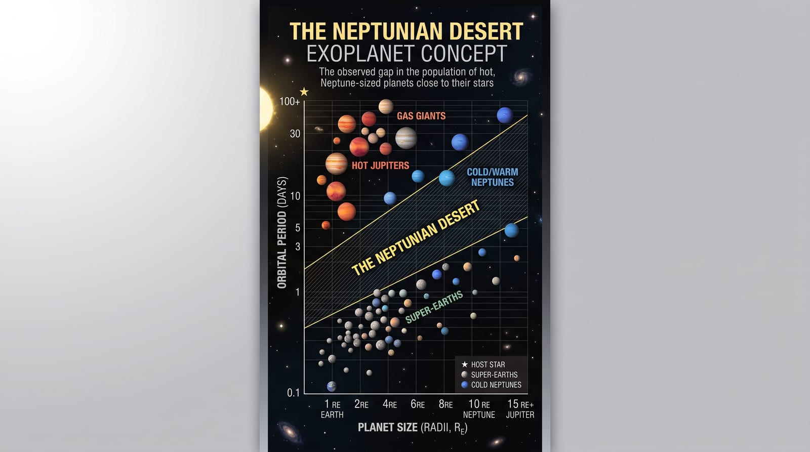Infographic concept of the Neptunian desert, a region close to stars where Neptune-sized planets are extremely rare. The visualization shows planet size on one axis and orbital period on another, with a sparse band where theory predicts planets should not survive and where RAVEN measured a 0.08% occurrence rate.