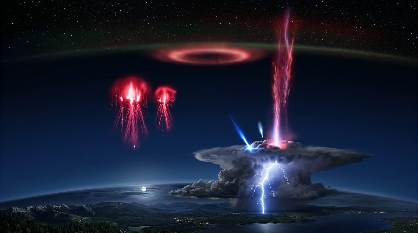 Scientific illustration of Earth's atmosphere at night showing the family of upper-atmospheric lightning at different altitudes: a thunderstorm with a lightning bolt at the bottom, blue jets rising from the cloud top, two red jellyfish-shaped sprites in the mesosphere, a ring-shaped elf high above, and a tall reddish-purple gigantic jet climbing from the storm to the top of the atmosphere. Credit: Impossible Universe Editorial Team (generated).