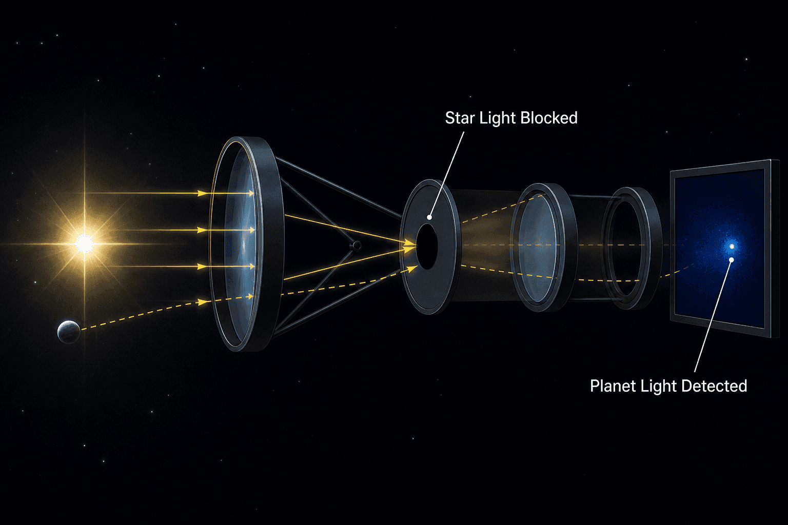 Diagram showing a coronagraph blocking bright starlight with an occulting mask while allowing the faint light from a planet to pass through and be detected.
