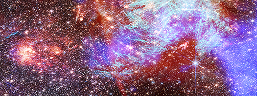 Close-up image of the Sagittarius C region showing JWST infrared data (light blue) combined with Chandra X-rays (dark blue) and MeerKAT radio (red). The suspected supernova remnant appears as the dark blue feature on the right side.