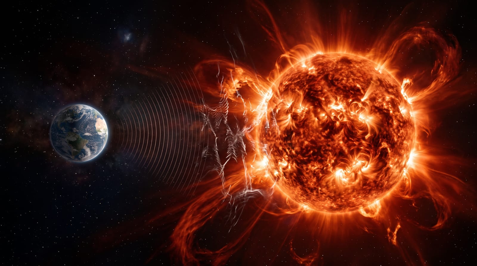 Editorial illustration: A rocky exoplanet orbits a turbulent M-dwarf star whose stellar plasma scatters and broadens narrow radio signals before they can escape the system. Credit: Generated illustration for Impossible Universe.