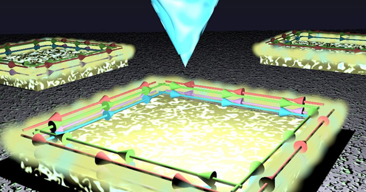 Illustration of a 2D topological crystalline insulator: glowing platforms of bilayer tin telluride on a dark niobium diselenide substrate, with colored arrows tracing conducting edge states along the island boundaries and a scanning tunneling microscope tip above. Credit: University of Jyväskylä / Jose Lado.