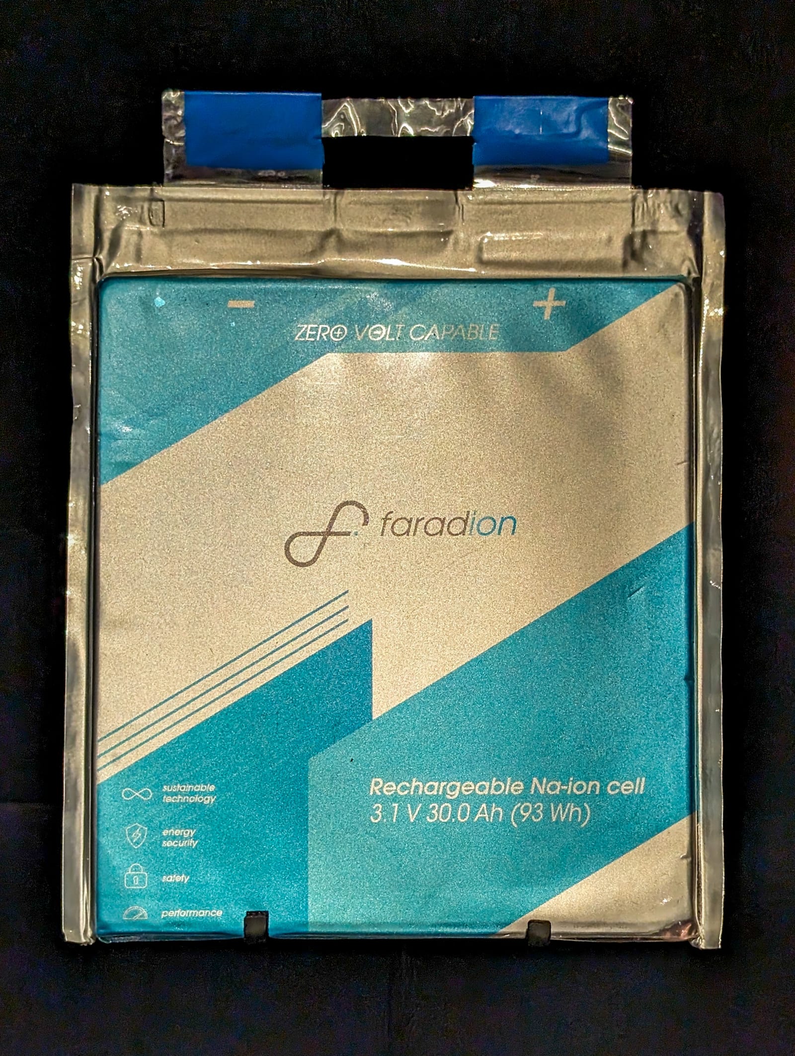 Top-down photograph of a rectangular Faradion sodium-ion battery cell in a silver foil pouch with two metal tabs at the top partially covered with blue tape, the label reading zero volt capable, rechargeable Na-ion cell, 3.1 V 30.0 Ah (93 Wh), on a black background. Photo: The wub, CC BY-SA 4.0, via Wikimedia Commons.