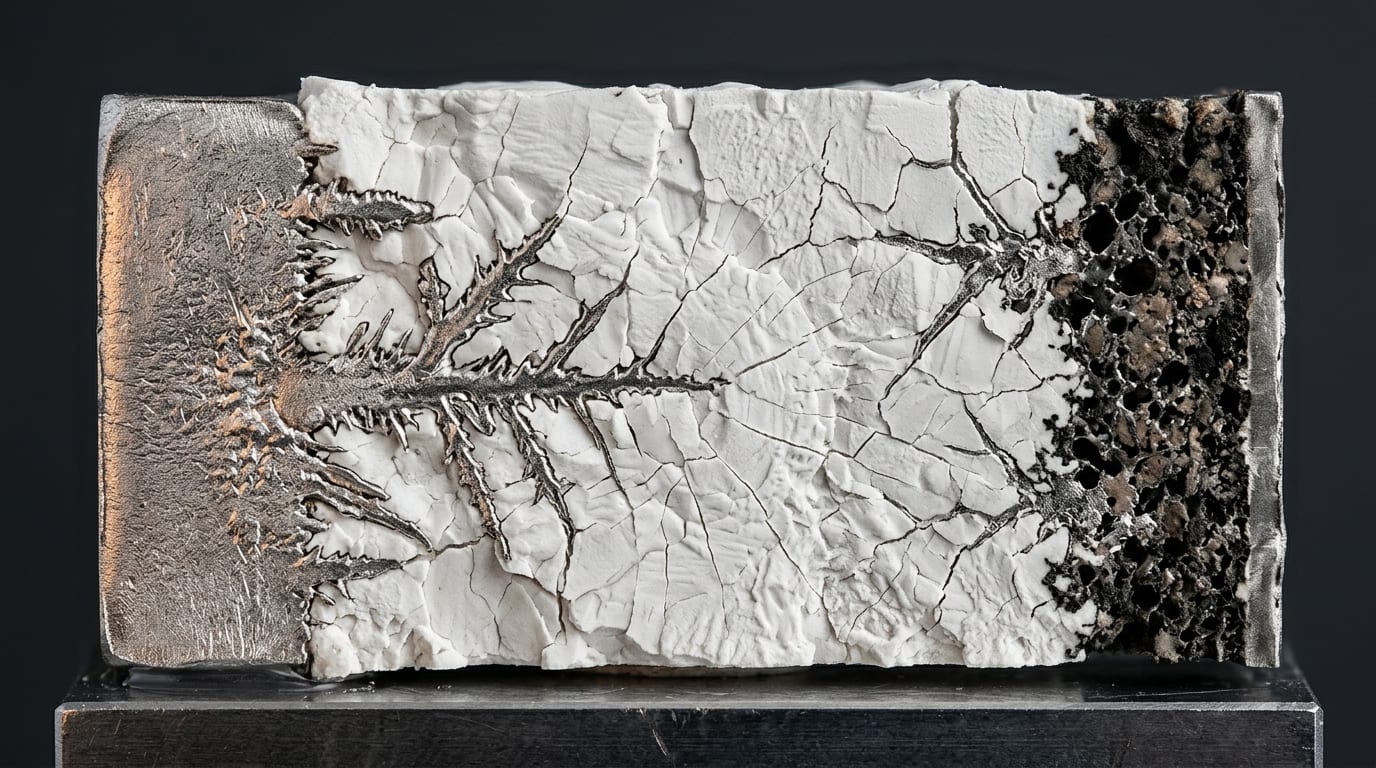 Illustration of a solid-state battery cross-section: metallic silver lithium dendrites branch like tree roots from a lithium anode on the left, through a cracked white ceramic electrolyte, toward a dark granular cathode on the right. Illustration: Impossible Universe Editorial Team (generated).