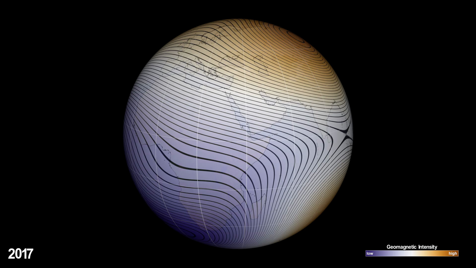 NASA visualization of Earth's geomagnetic field intensity in 2017, showing the South Atlantic Anomaly as a smaller purple region over the South Atlantic and South America, with a colorbar from low to high intensity. Credit: NASA's Scientific Visualization Studio.