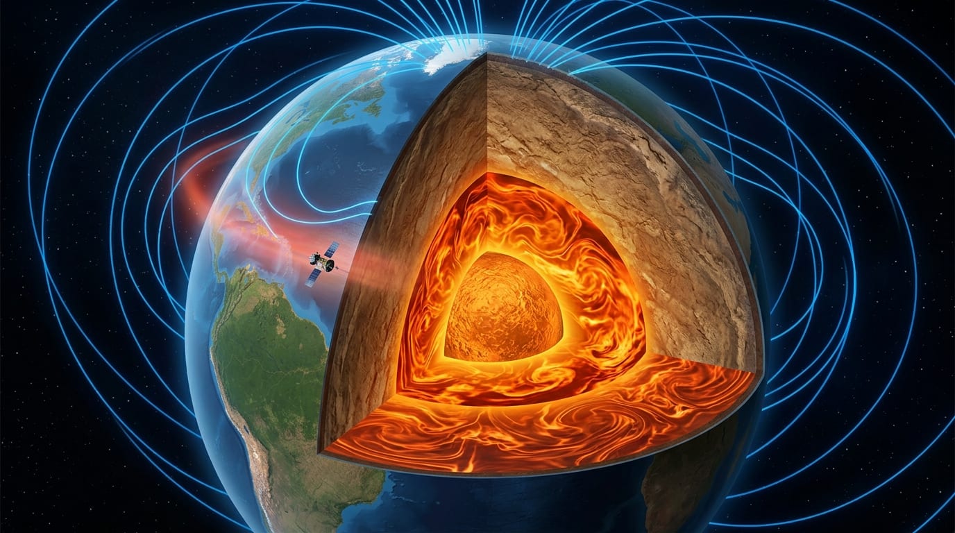 Scientific cutaway diagram of Earth showing the glowing inner core, the churning liquid iron outer core, the mantle and crust, blue magnetic field lines arcing around the planet, and a visible thinning of the field lines over the South Atlantic where radiation particles dip closer to the surface near an orbiting satellite. Diagram: Impossible Universe Editorial Team (generated).