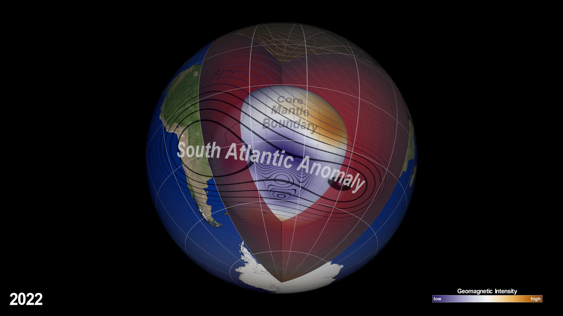 NASA visualization of Earth's geomagnetic field intensity in 2025, showing the South Atlantic Anomaly as a large purple-blue region of low magnetic intensity stretching across the South Atlantic and South America, with a colorbar from low to high intensity. Credit: NASA's Scientific Visualization Studio.