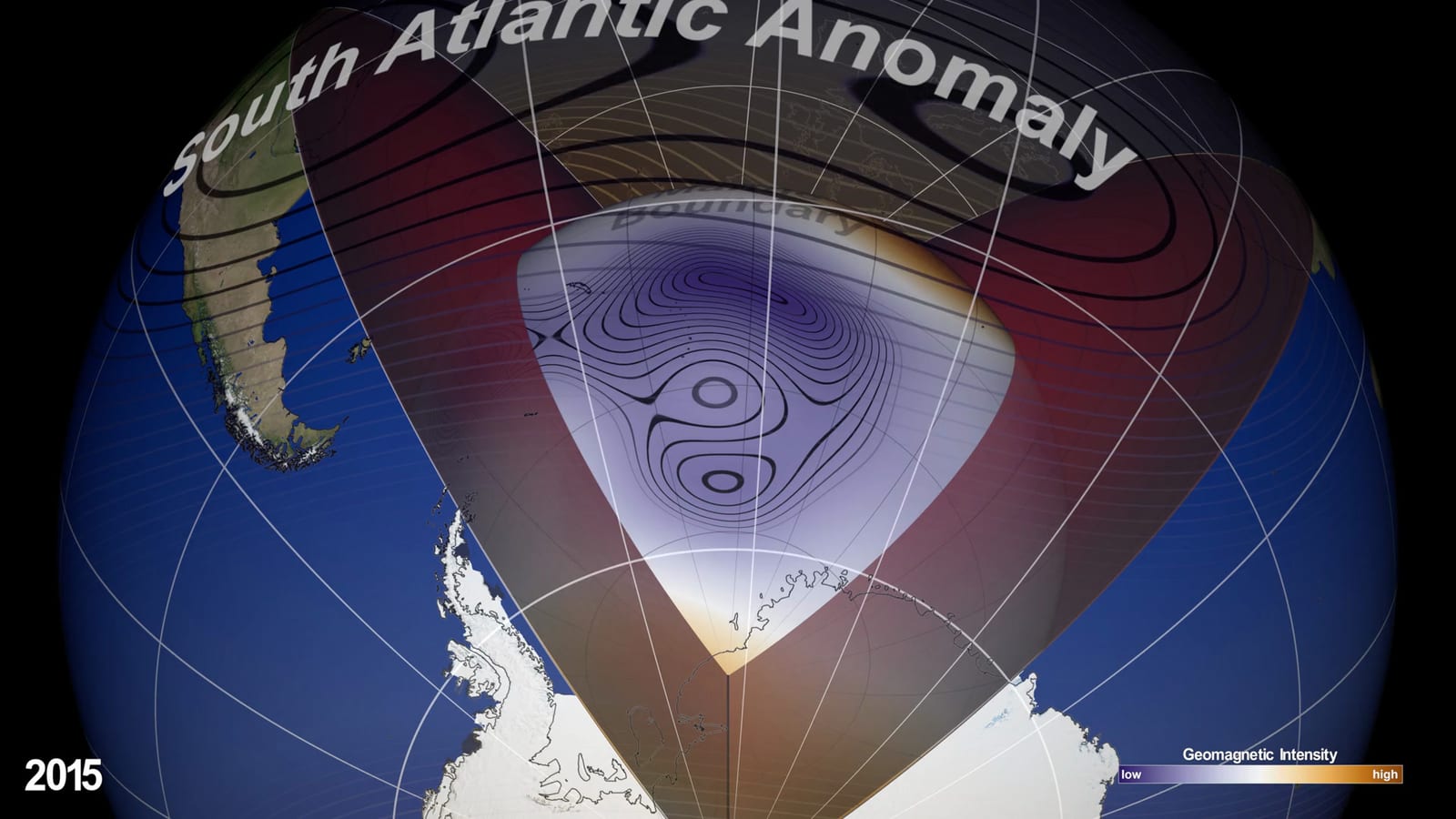 NASA visualization of the South Atlantic Anomaly at the core-mantle boundary in 2025, showing the weak region split into two distinct cells of low magnetic intensity, with a colorbar from low to high intensity. Credit: NASA's Scientific Visualization Studio.