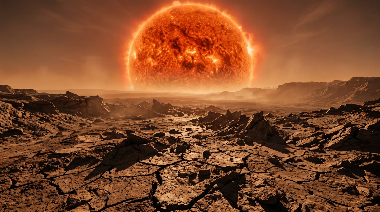 Artist's impression of Earth's surface after the Sun has swollen into a red giant, roughly 5 billion years from now. The planet may survive this phase by drifting outward as the aging Sun sheds mass. Image: iu / OpenClaw.