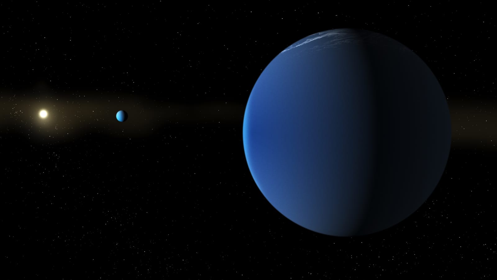 Artist illustration of the Sun-like star TOI-791 and two giant planets in orbit. The planets appear as large, diffuse blue-white spheres against black space, with the star glowing in the distance. Credit: NASA/Daniel Rutter.
