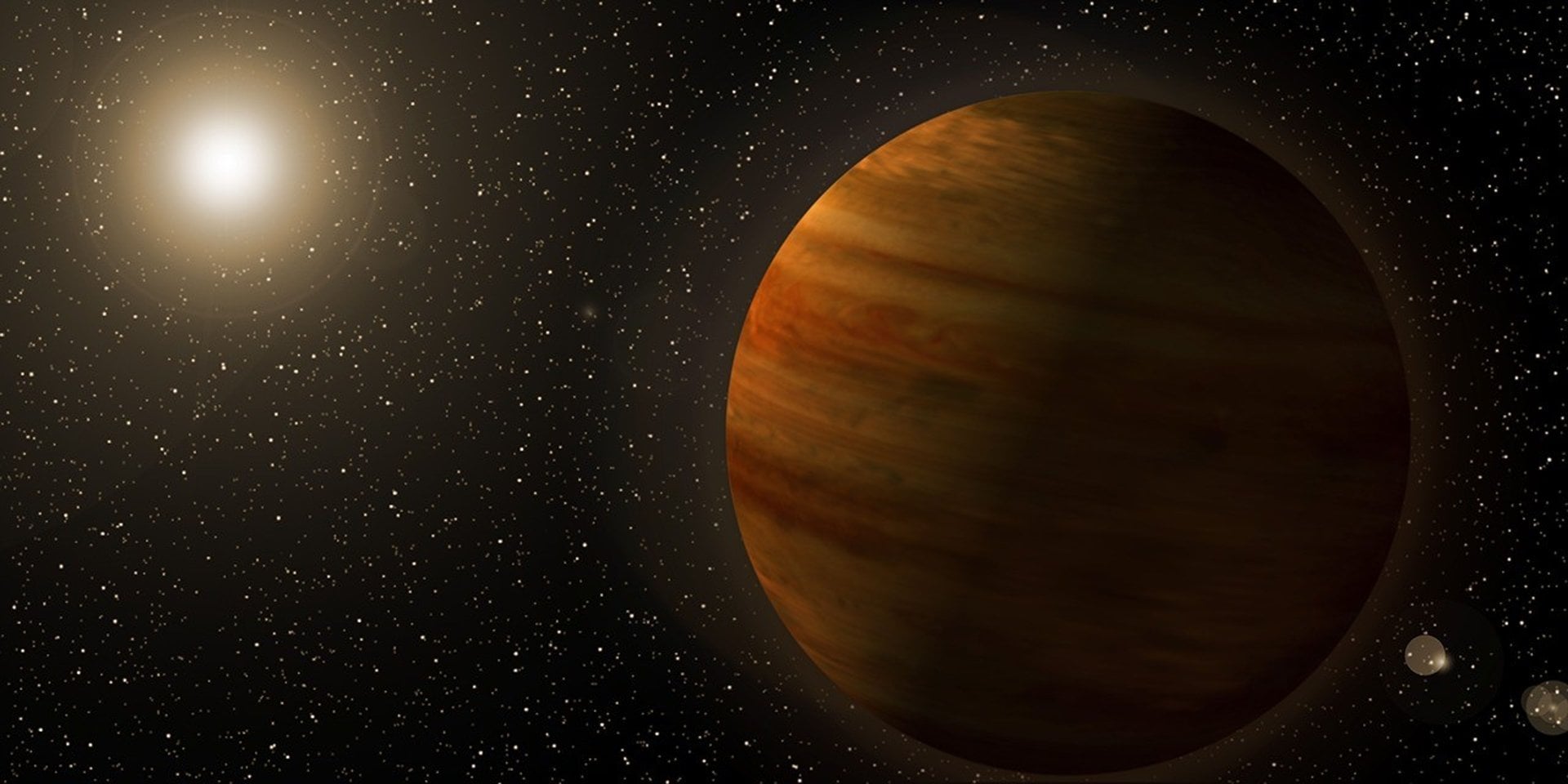 Artist concept of Gaia23bra b, a super-Jupiter exoplanet orbiting an orange dwarf star 40,000 light-years from Earth. The planet appears as a large Jupiter-like world with pale orange and cream bands against the black of space, with its orange dwarf star glowing dimly in the distance. NASA Goddard Space Flight Center artist concept.