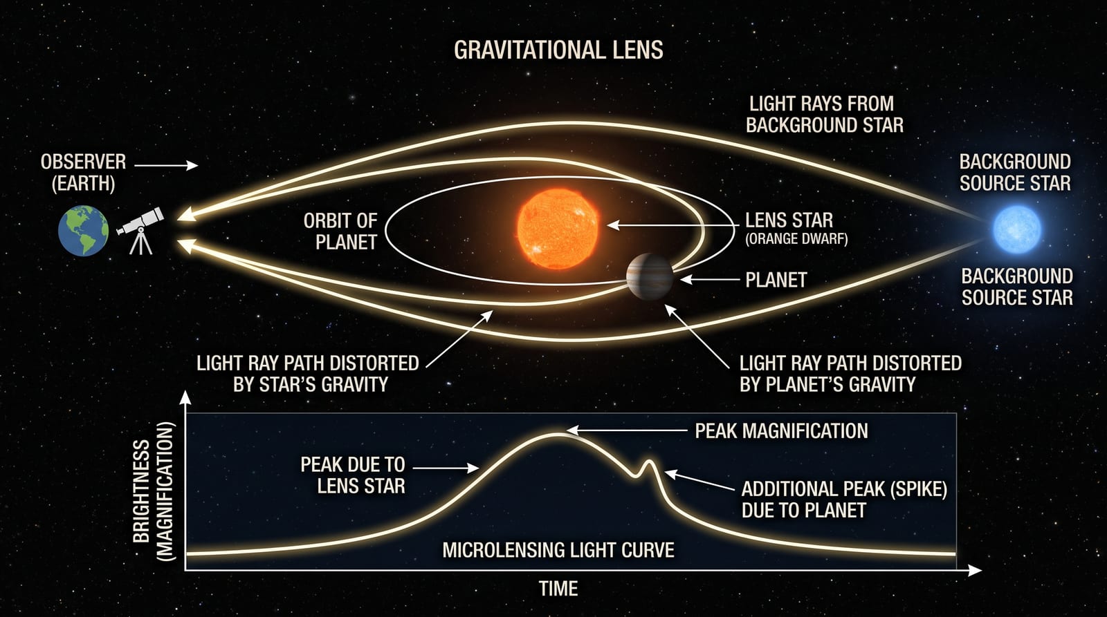Diagram showing gravitational microlensing: light from a distant background star bends around a foreground star and its planet, magnifying the background star's brightness. The light curves below show how the planet creates an additional spike in the brightness signal.