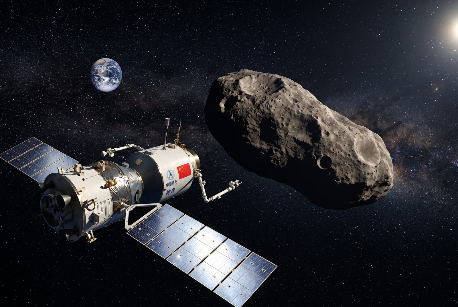Artist's concept of China's Tianwen-2 spacecraft approaching the asteroid Kamo'oalewa, an elongated rocky body roughly 20 meters across in a quasi-satellite orbit that shadows Earth. Earth is visible as a small blue dot in the distant background. Generated illustration for Impossible Universe.