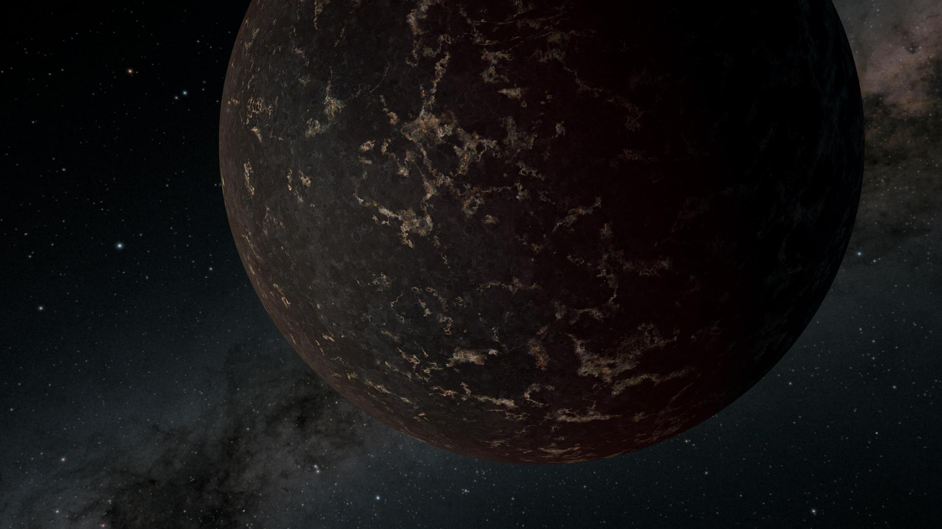 Artist concept of exoplanet LHS 3844b, a rocky world 1.3 times the mass of Earth orbiting close to a cool red dwarf star. The planet surface is dark with basalt rock and glows from extreme heat. NASA/JPL-Caltech artist concept.