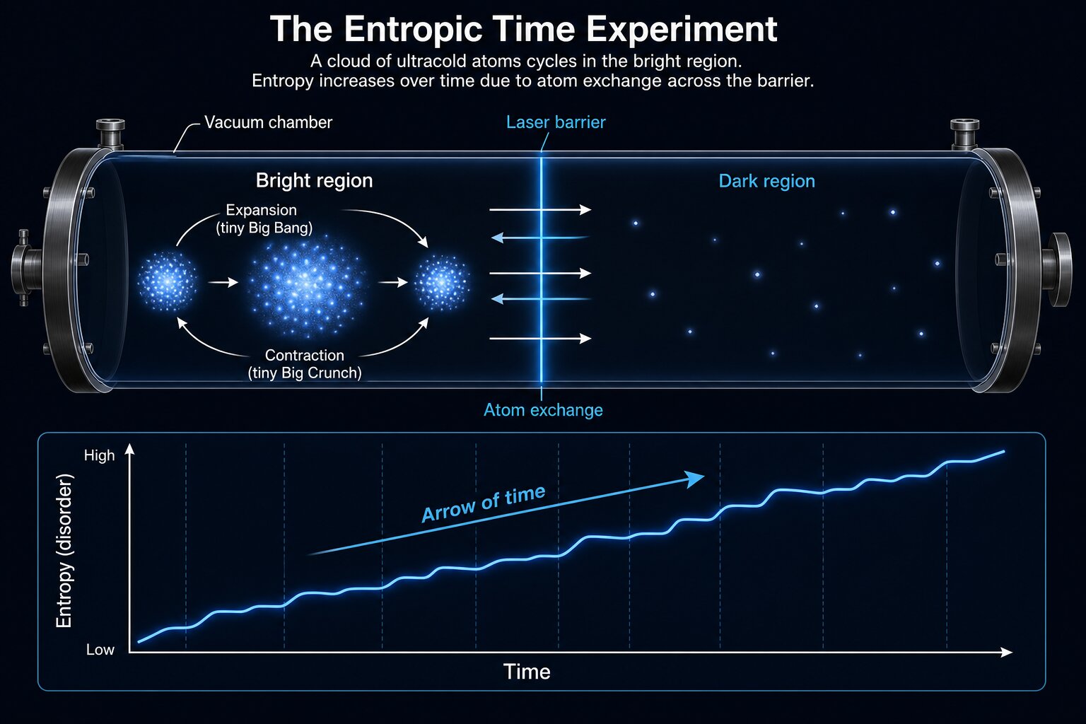 Scientific diagram showing two regions of ultracold atoms inside a vacuum chamber separated by a laser barrier, with the bright region expanding and contracting like a miniature Big Bang and Big Crunch cycle. A graph below shows entropy increasing over time.