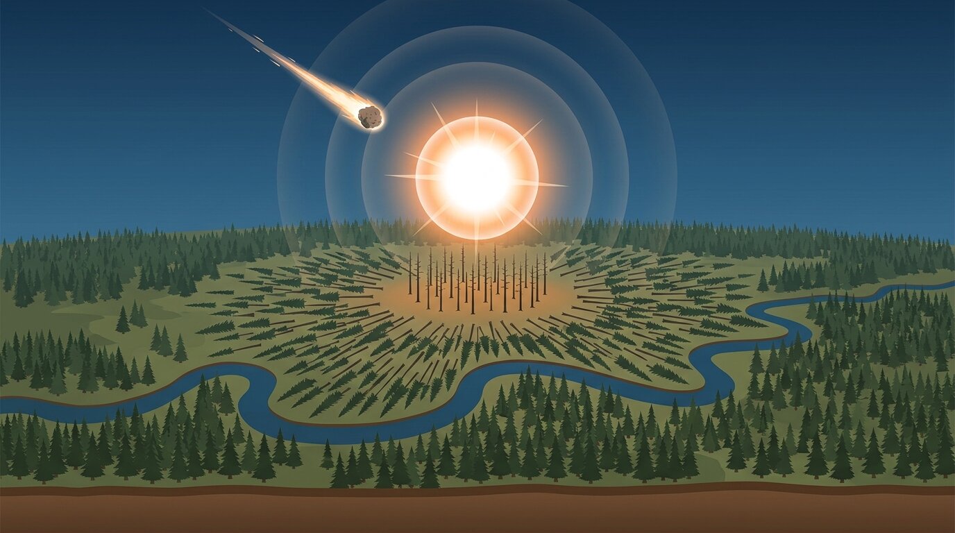 Scientific cutaway diagram of a meteor airburst: a small rocky asteroid enters the atmosphere from the upper left with a glowing trail and explodes high in the sky, with expanding shockwave rings; below, trees are flattened in a radial butterfly pattern pointing away from the blast center while a small patch directly beneath remains standing stripped of branches; a river winds through the forest and a brown soil strip shows the ground, with no crater. Illustration: Impossible Universe Editorial Team (generated).
