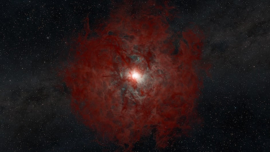 Artist concept of a star that collapsed directly into a black hole. The black hole is unseen at the center, surrounded by a thick shell of expelled gas and dust with a white ball of heated gas falling inward. Credit: Keith Miller, Caltech/IPAC - SELab.