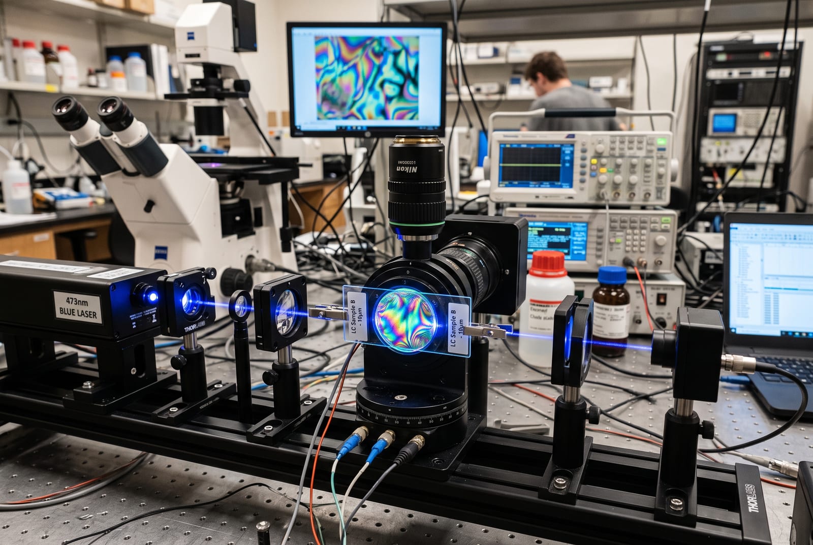 A precision optical laboratory setup with a liquid crystal sample cell illuminated by a blue laser beam, showing colorful iridescent patterns in the sandwiched material.