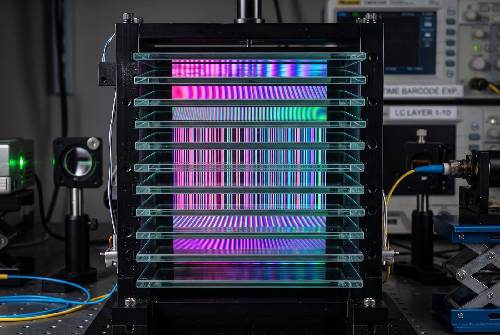 Multiple layers of liquid crystal material stacked vertically showing different colored striped and ripple patterns, resembling a complex barcode.