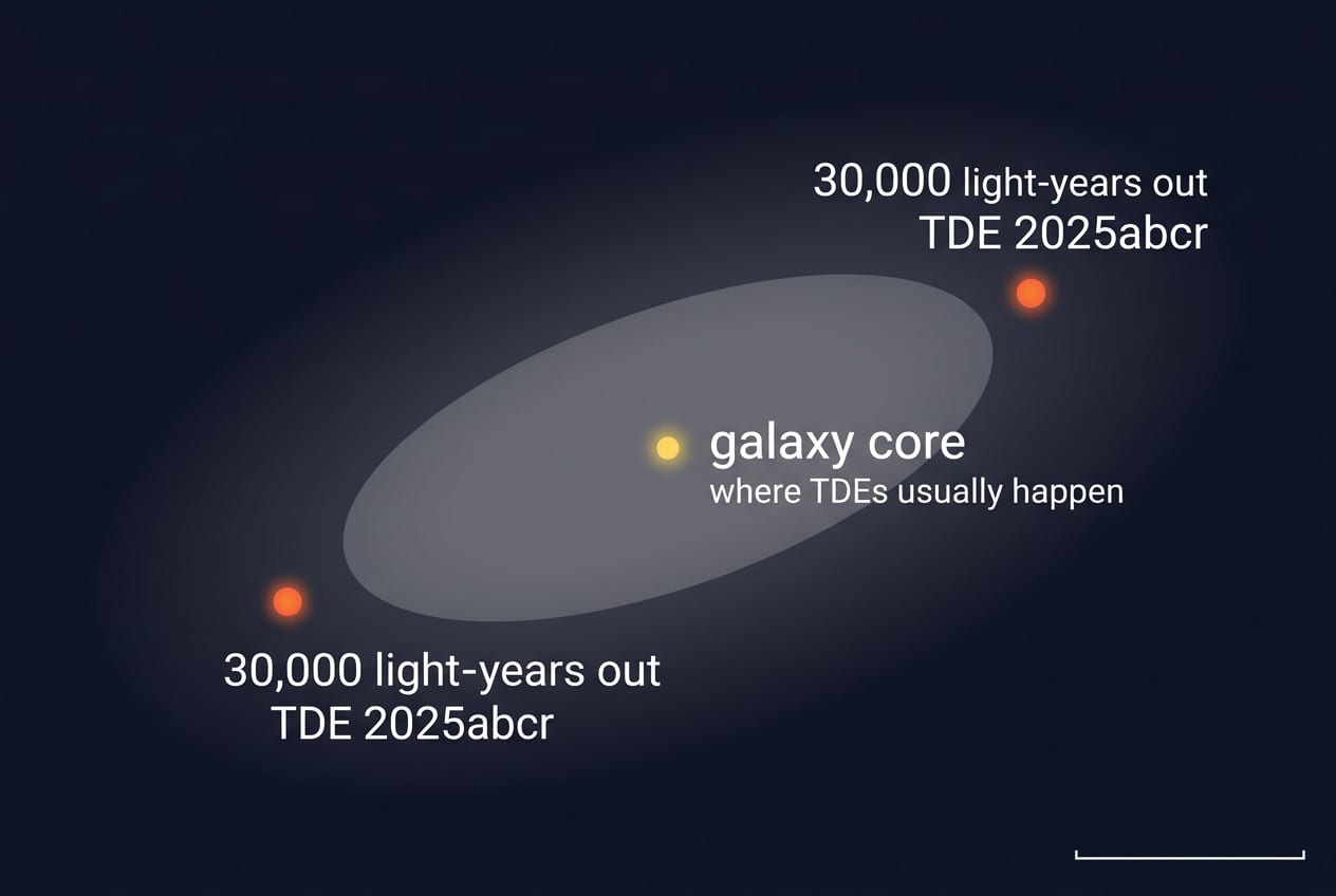 Cross-section diagram of a galaxy showing where tidal disruption events normally happen, at the bright galactic core, compared with the off-center location of TDE 2025abcr, 30,000 light-years out in the sparse outer halo.