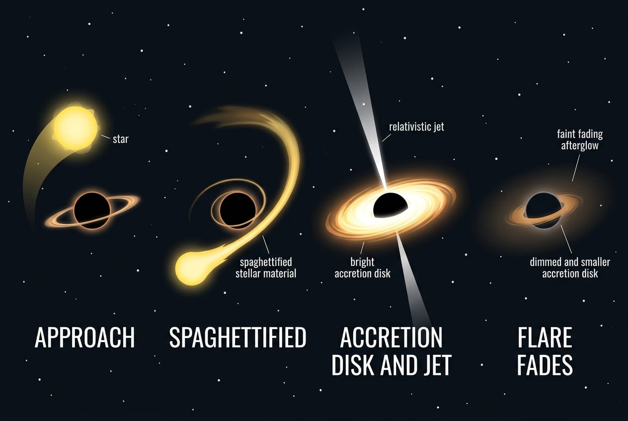 Four-panel diagram of a tidal disruption event lifecycle: a star approaches a supermassive black hole, gets stretched into a stream of gas, forms a bright accretion disk that can launch a jet, then the flare fades over months.