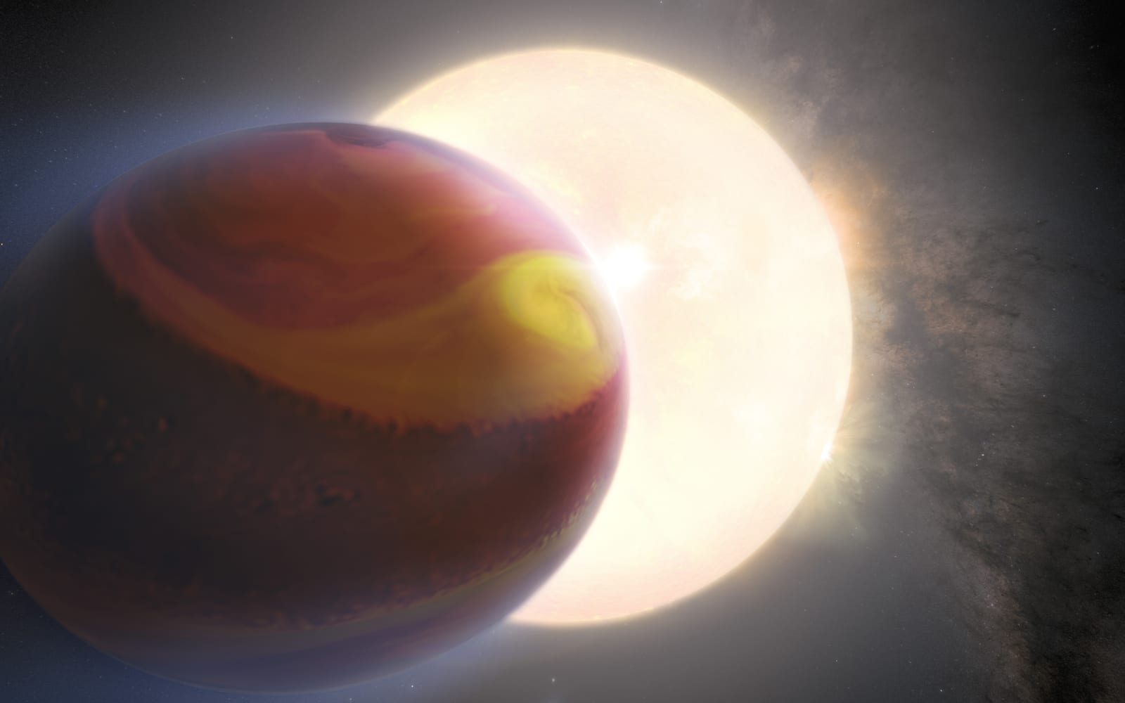 Artist concept of the exoplanet WASP-121 b, a banded ultra-hot Jupiter with orange, yellow, and red atmospheric bands, shown against the glow of its host star