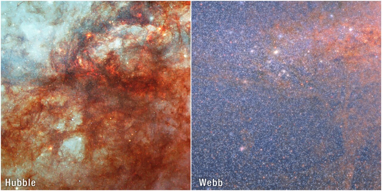 Side-by-side comparison of the Cigar Galaxy as seen by Hubble (left) and Webb (right). Hubble shows glowing gas and dark dust lanes, while Webb reveals millions of individual stars piercing through the dust.