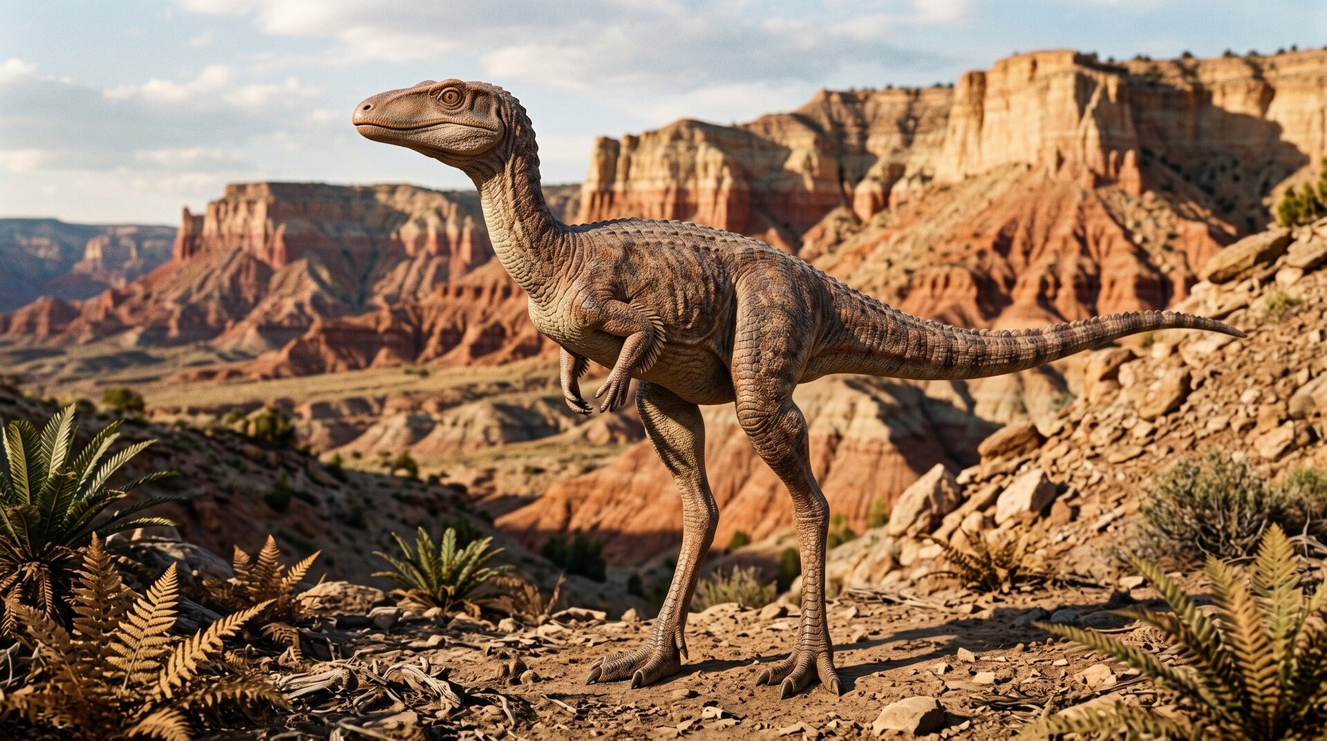 Artist's reconstruction of Labrujasuchus expectatus, a bipedal toothless shuvosaur, standing in a Triassic badlands landscape resembling Ghost Ranch, New Mexico